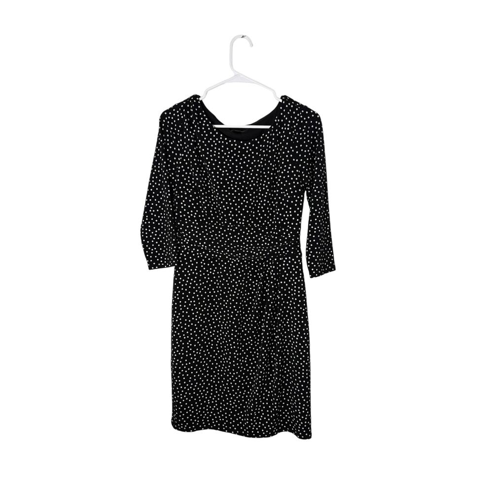 Ann Taylor Polka Dot Dress 6P Petite Black White 3/4 Sleeve Draped Stretch
